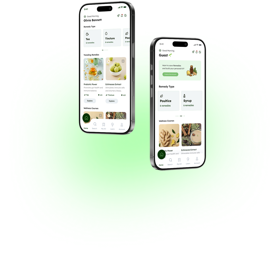 Natural Remedies app on iPhone showing remedy categories and trending remedies